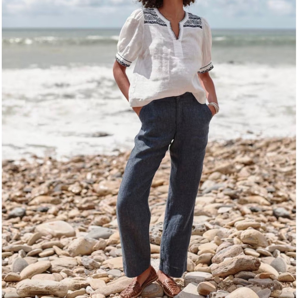 Garnet Hill Classic Linen Trousers Indigo Blue Navy 16